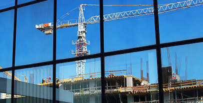 crane in window reflection